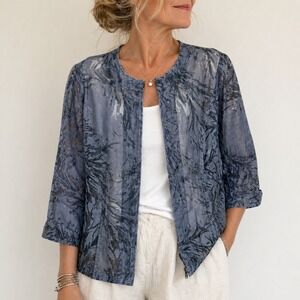 Coldwater Creek Sheer Top XL 18 Blue Zip Lightweight Layering 3/4 Sleeve Texture